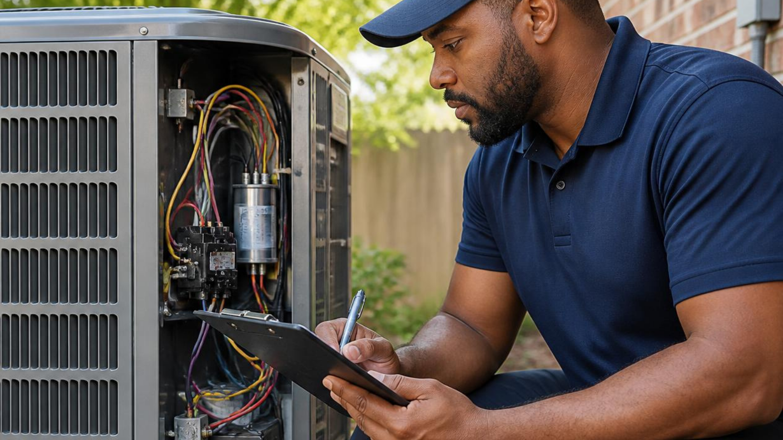 HVAC Technician inspecting condenser unit during maintenance visit