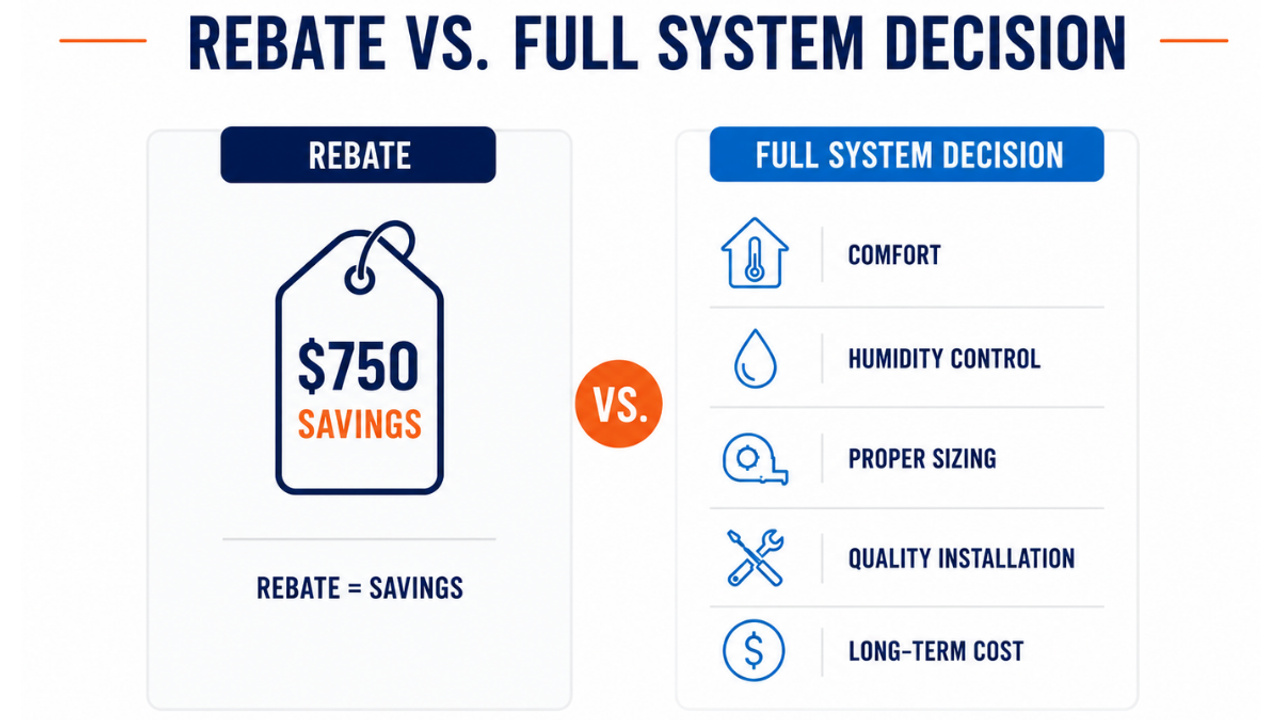 Comparison graphic showing rebate vs. full system decision when deciding to get hvac