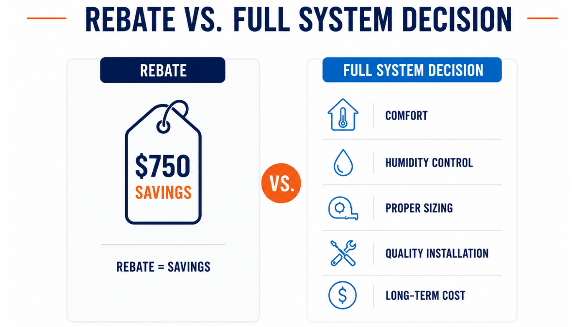 Comparison graphic showing rebate vs. full system decision when deciding to get hvac