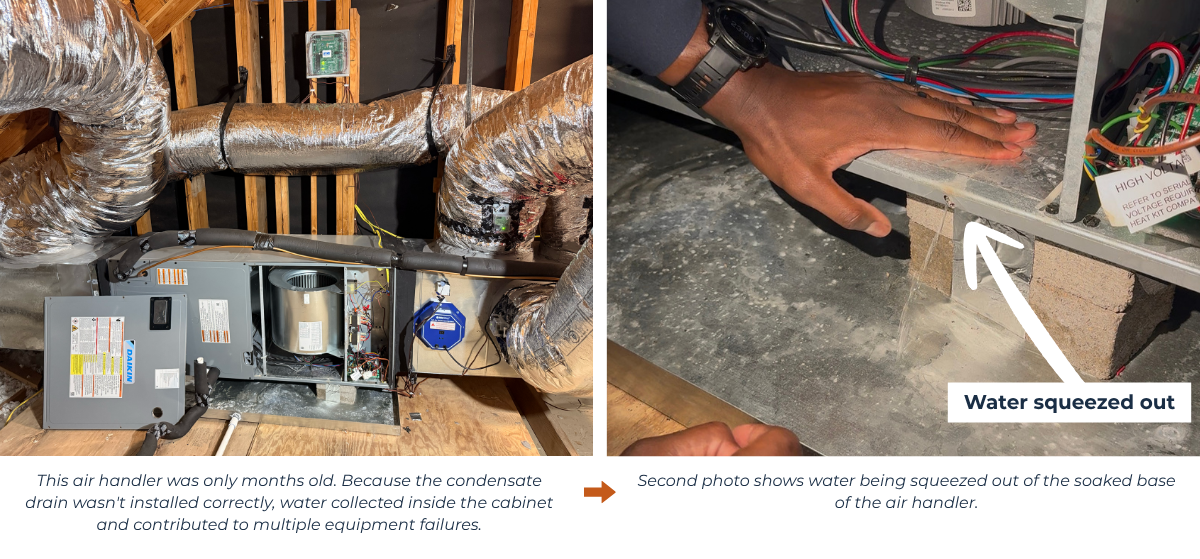 Two photos showing condensate drain not installed correctly