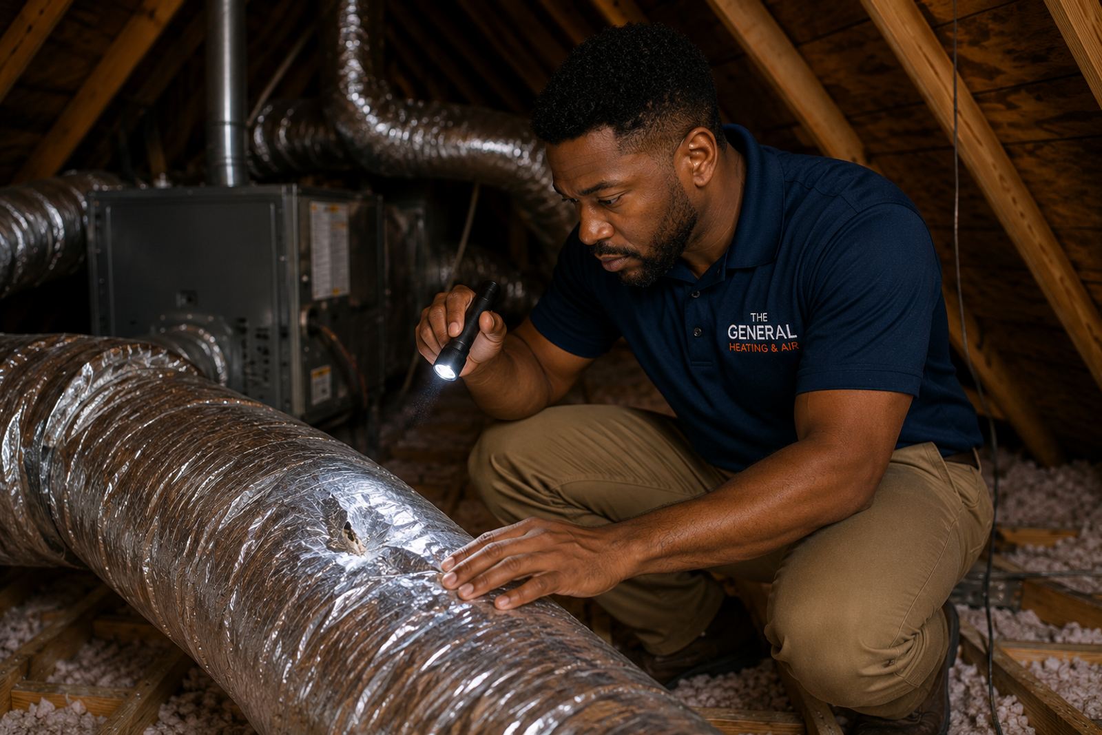 HVAC Technician inspecting possible damage in ductwork in the attic