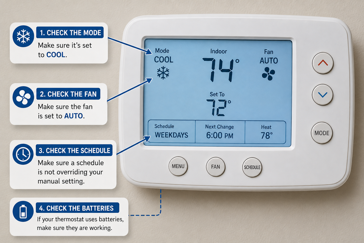 Close-up of a thermostat displaying COOL mode, AUTO fan setting, and an active schedule.