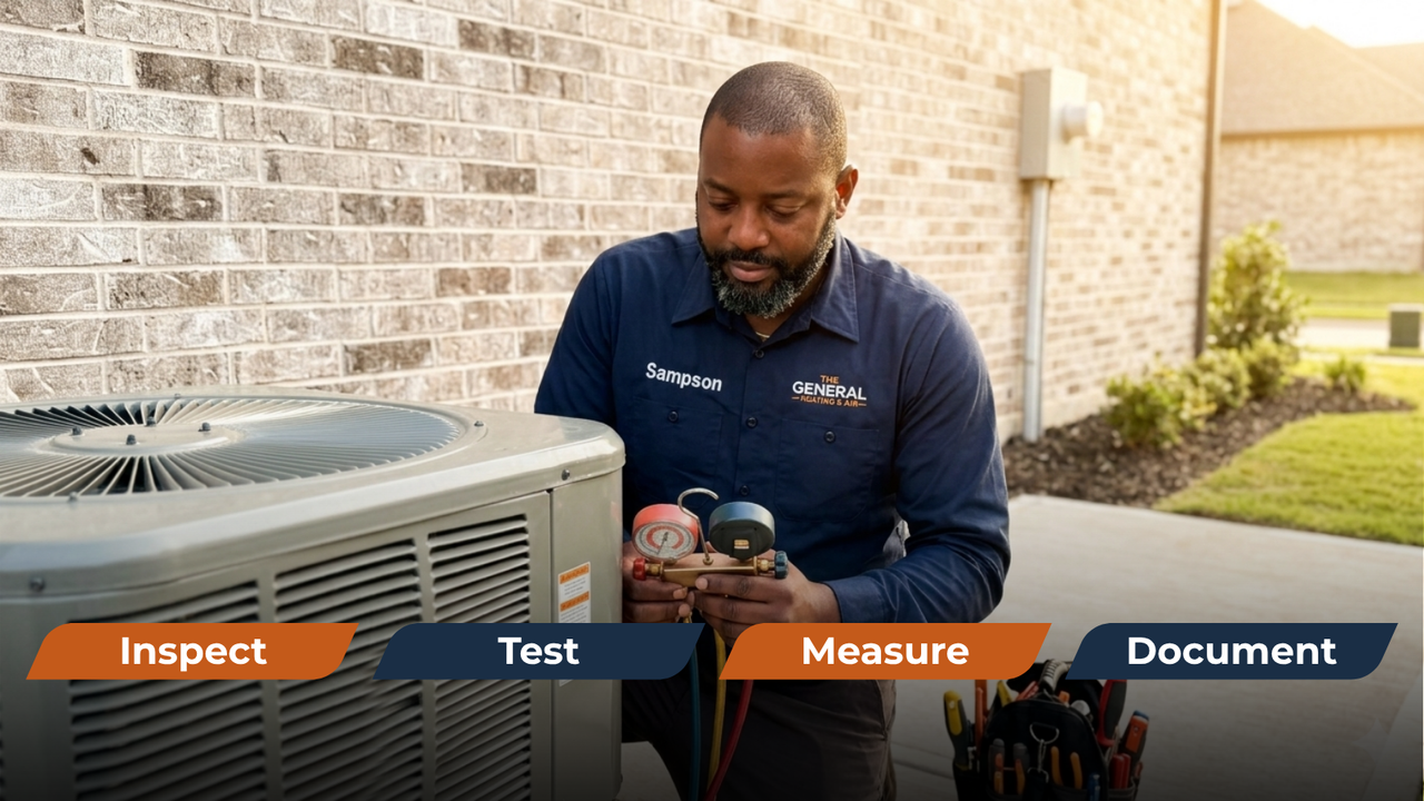 Technician performing maintenance with four labeled callouts