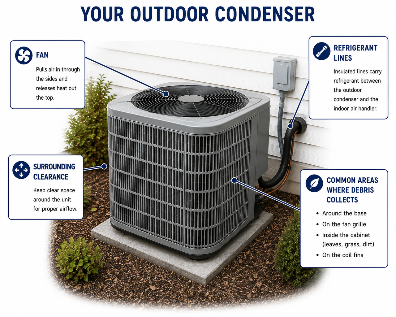 an outdoor condenser with callouts identifying the fan, refrigerant lines, surrounding clearance, and common areas where debris collects.