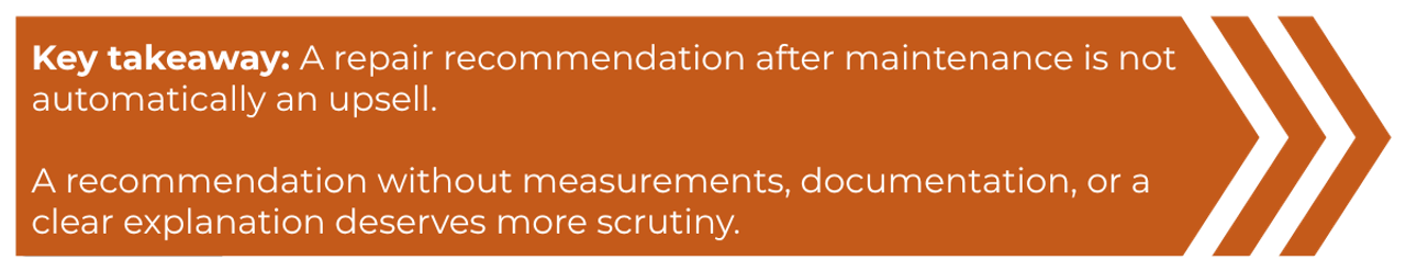 Key takeaway callout box on repair recommendation