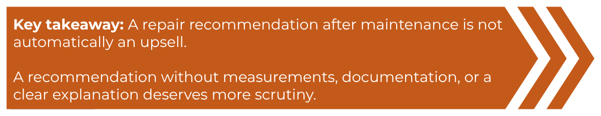 Key takeaway callout box on repair recommendation