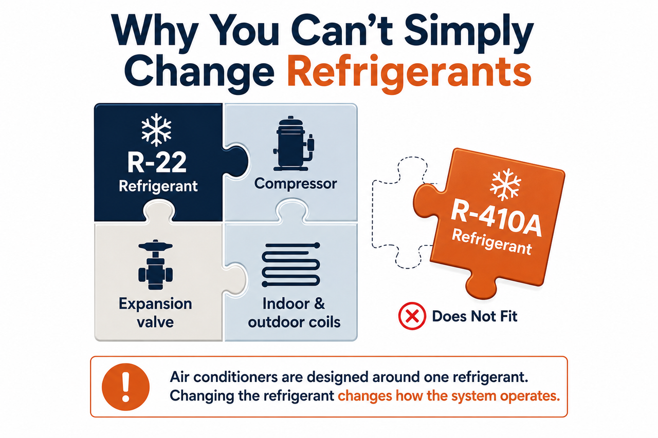 Simple graphic showing Why You Can't Simply Change Refrigerants