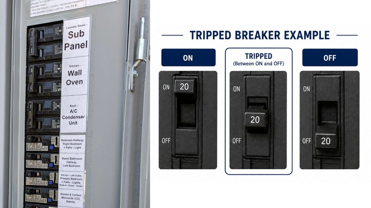 Residential electrical panel with the HVAC breakers labeled. Include a close-up showing a breaker in the tripped position between ON and OFF.