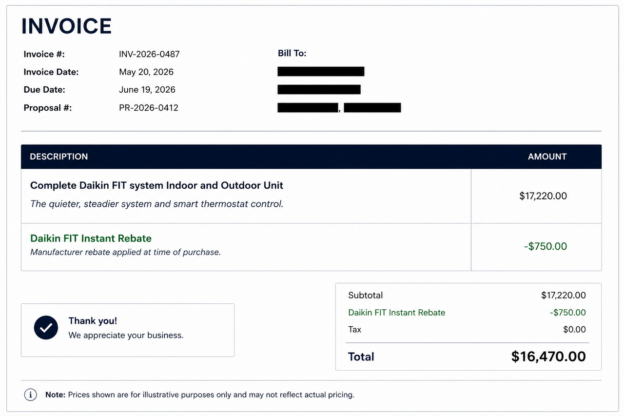Screenshot of sample invoice with Daikin FIT rebate