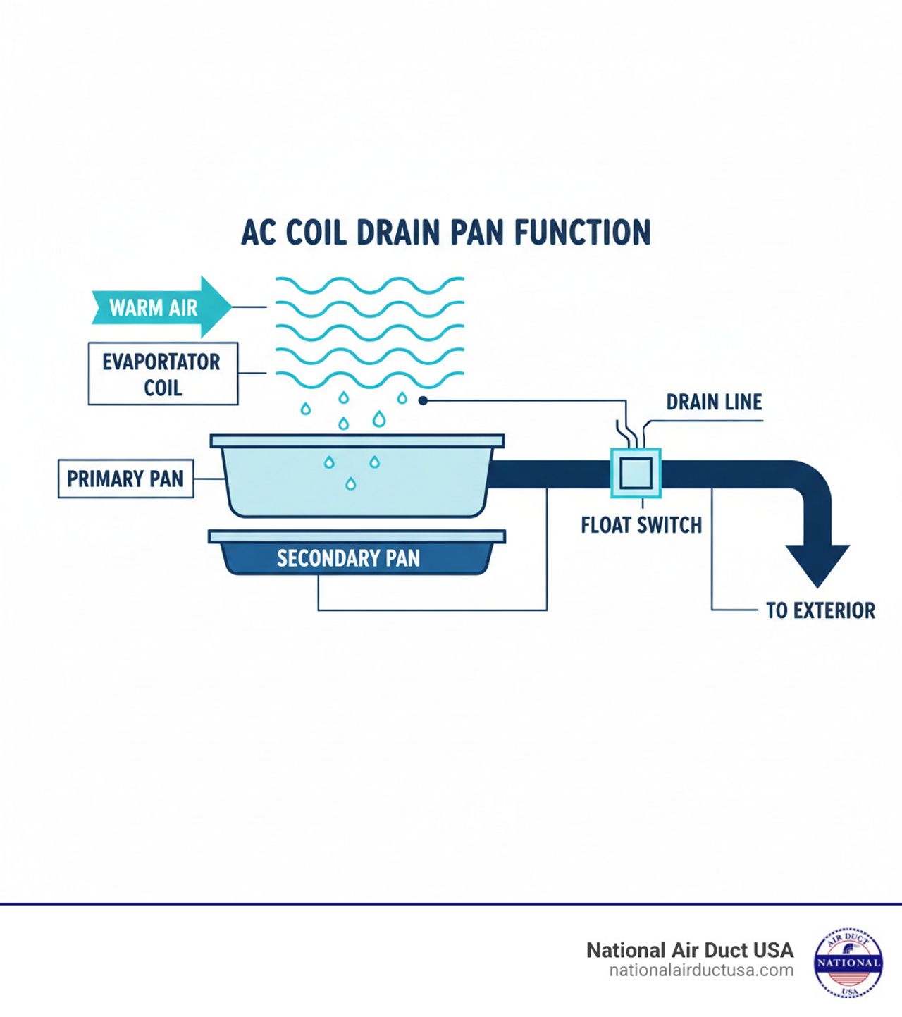 Diagram of an air handler showing the evaporator coil, drain pan, float switch, and condensate drain line. Include arrows showing the normal path water takes as it leaves the system.