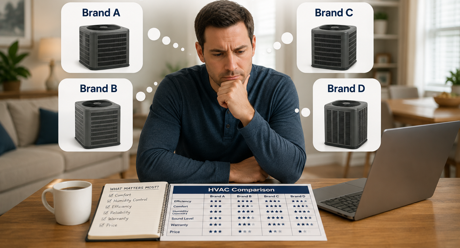 Homeowner thinking which brand options to get for HVAC system in home