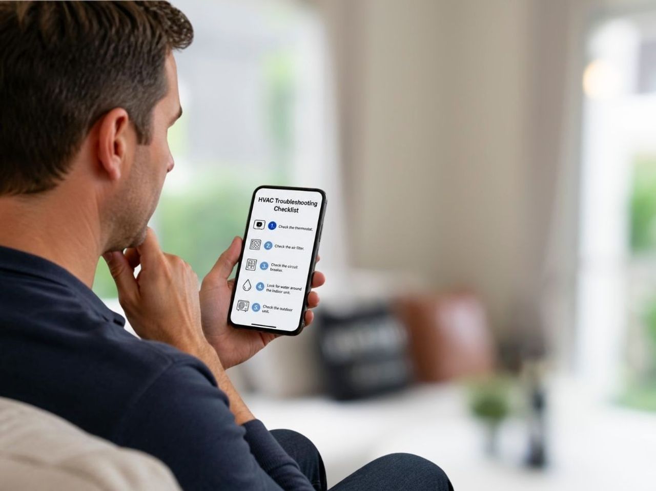 Homeowner in Cypress, TX reviewing a simple HVAC troubleshooting checklist on their phone before calling an HVAC company.