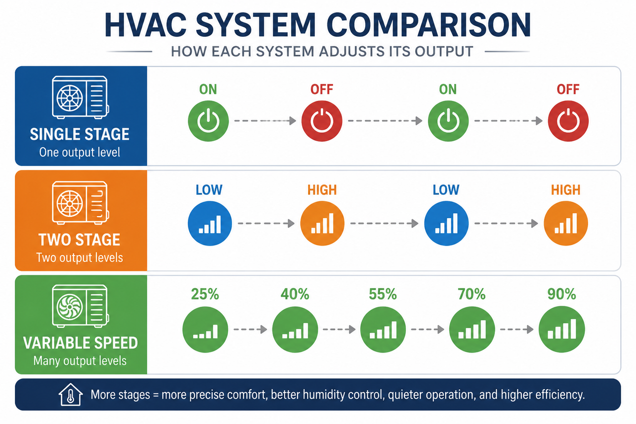 Comparison of single stage, two-stage and variable speed