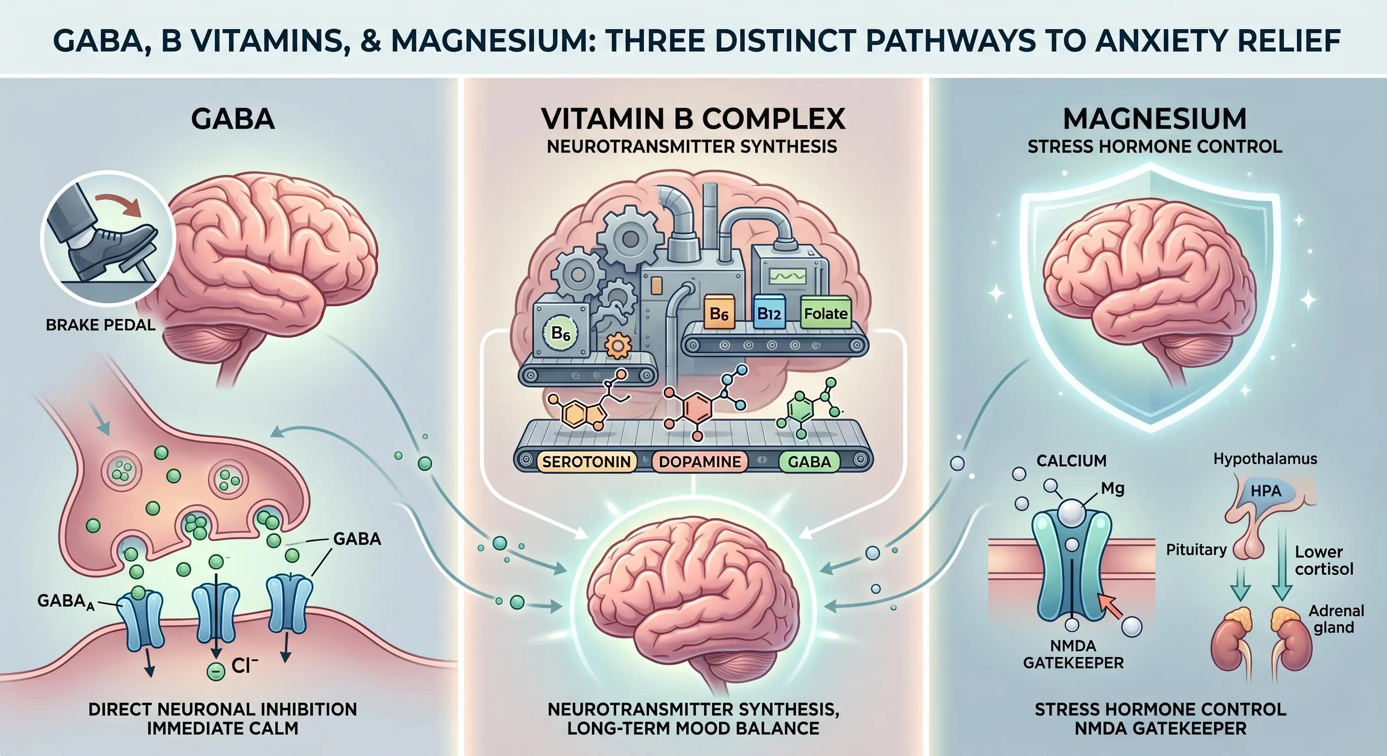 What are the distinct roles of GABA, B vitamins, and magnesium in alleviating anxiety?