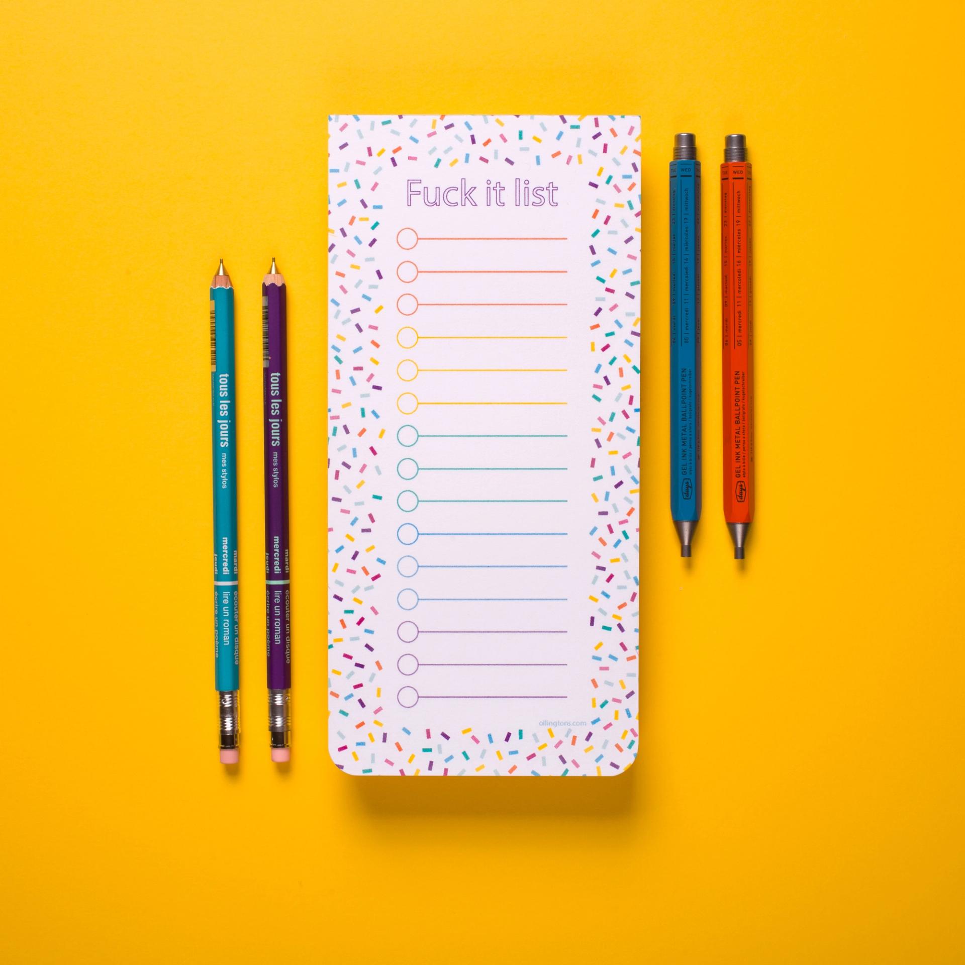 Fuck it List yellow with pens