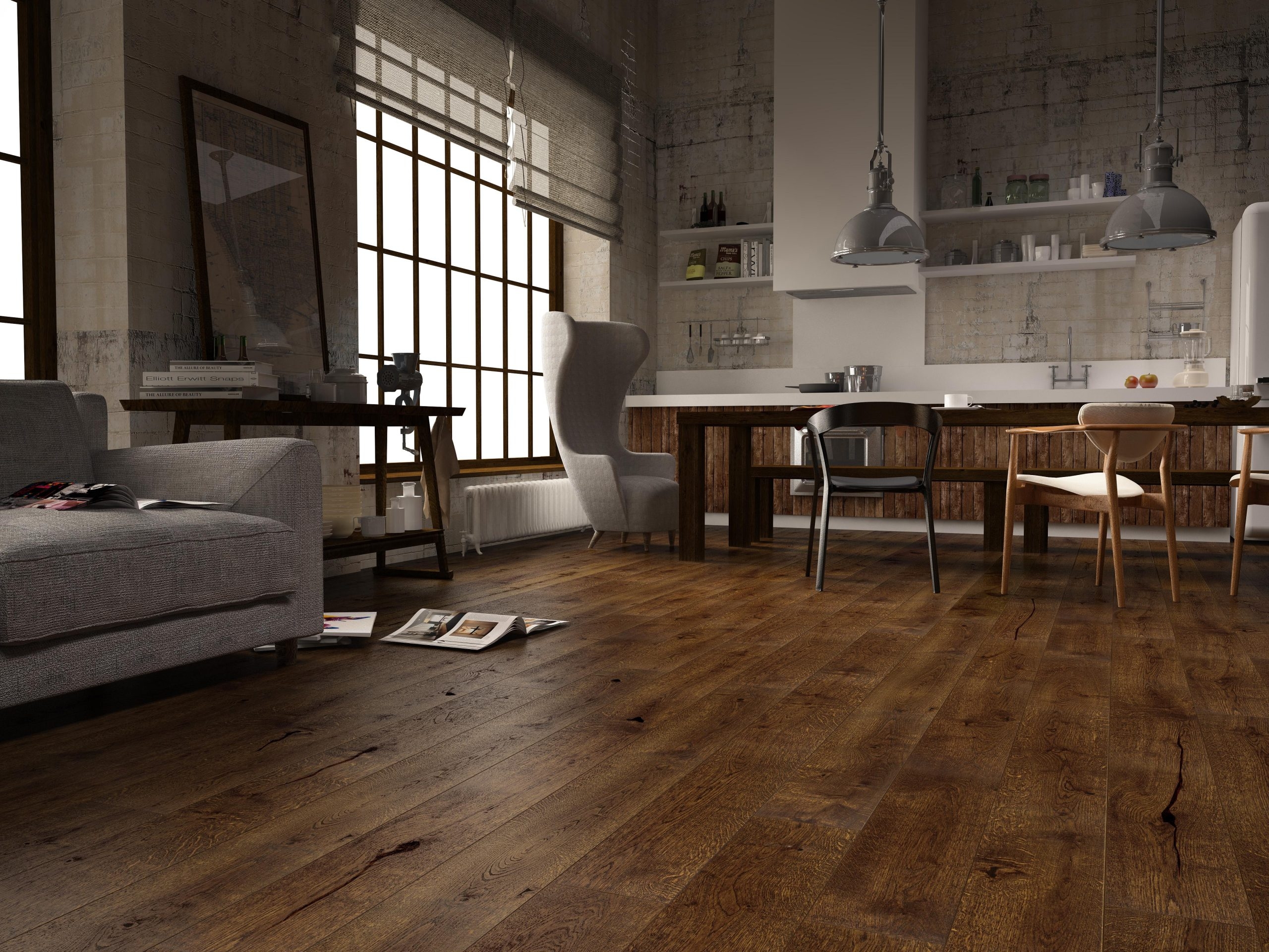 Soggiorno con parquet in Quercia Memory Brown di Cabbia