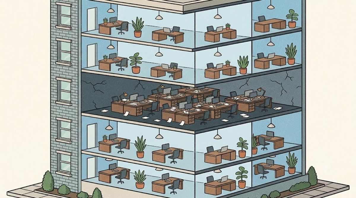 Isometric cutaway of an office building with tidy blue office floors, except for one dark, cracked middle floor with overcrowded desks and scattered papers, hidden behind a pristine brick facade.