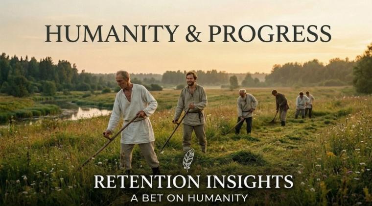 Men using hand scythes to mow a rustic meadow alongside a river at sunset, with text reading "Humanity & Progress" and "Retention Insights: A Bet on Humanity."