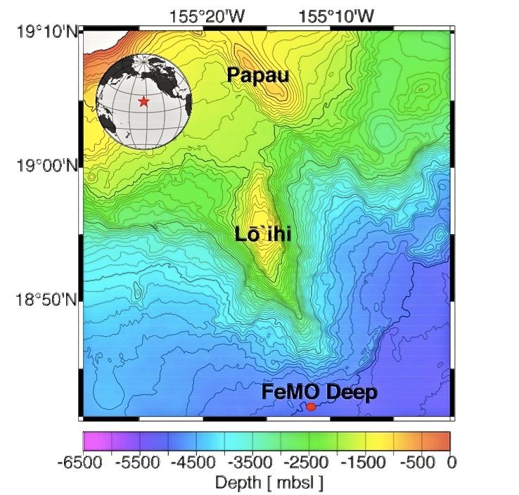 A map of the seafloor around Loihi. The island of Hawaii is just visible in the upper left.