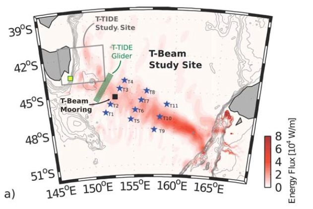 A map showing both the Tasman Sea's internal tide energy (in red), and the locations of planned study sites for both the work aboard Falkor (numbered stars) and the Roger Revelle