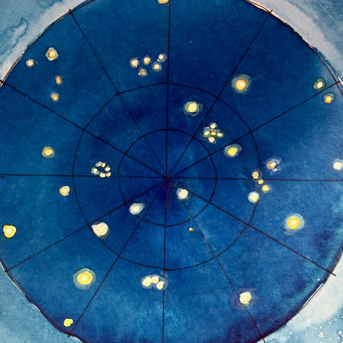 Watercolor comparisons of the navigational satellites overhead versus the stars overhead, at 9 pm at our location. While the satellites provide a precision and a constancy which the stars do not offer, I am struck by our herculean efforts to remake our own improved version of something that was and is still, already there, a gift. 