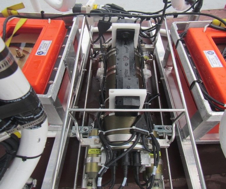 Big Rosie - the CTD instrument mounted on the large rosette. The orange boxes are the batteries for the ADCPs. 