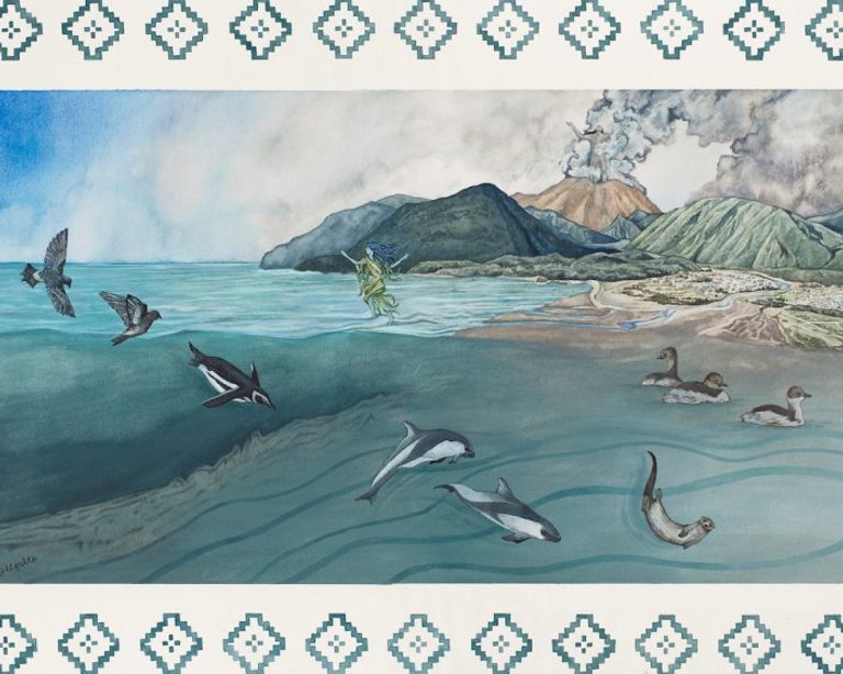 Jill Pelto, Afafán de ngenes del Chaitén (2025), watercolor, colored pencil, and acrylic, 16″ x 20″, 2025