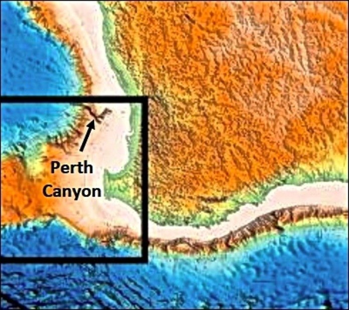 A map showning the location of Perth Canyon relative to southwest Australia.