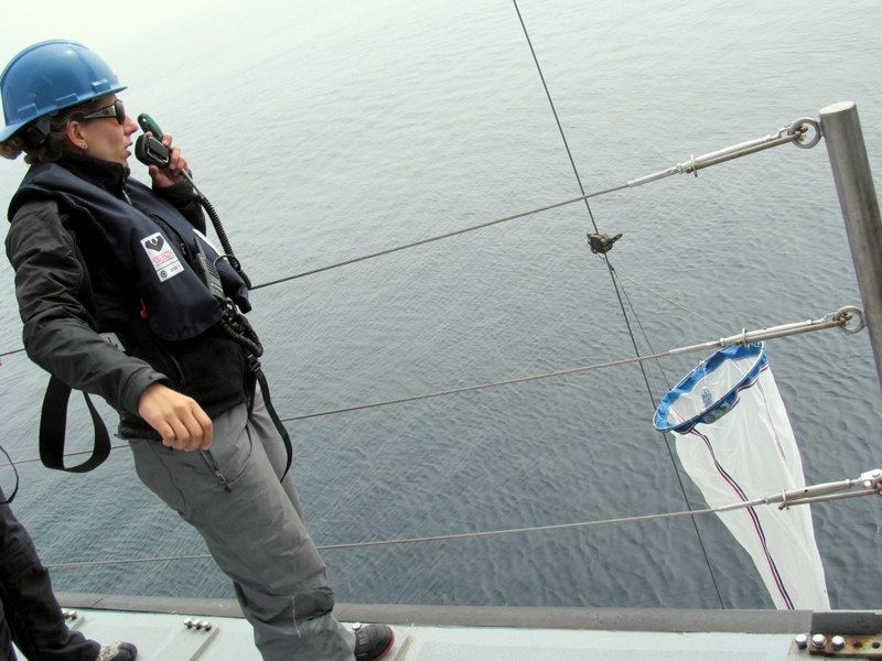Melissa Patrician, a researcher aboard the R/V Falkor's first shakedown cruise directs a  plankton net tow on July 17, 2012.