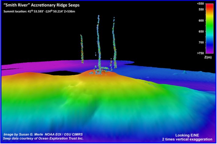  A 3D multibeam sonar visualization of the "Smith River" Accretionary Ridge Seeps on the seafloor. The bathymetry is shown as a colorful topographical mound, with vertical pillars of multi-colored dots rising into the black water column to represent gas seeps.