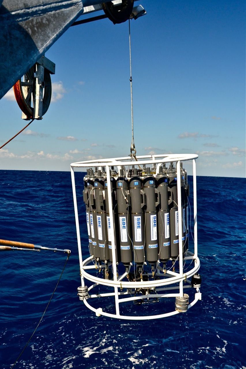 One of the team's key tools will be an acoustic doppler current profiler (ADCP) attached to Falkor's CTD rosette, shown here during a previous expedition.