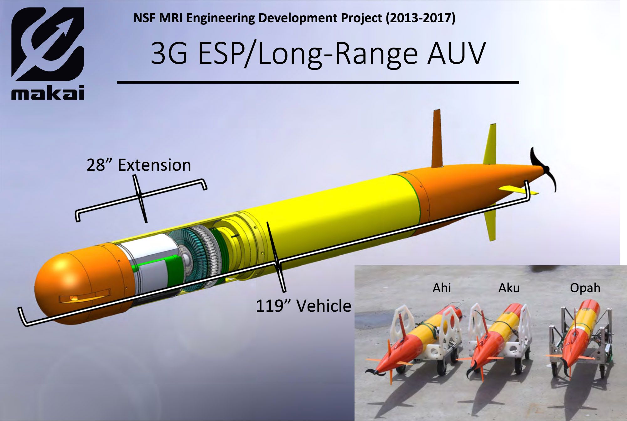 The MBARI LRAUV can speed along at ~3km/h underwater for ~13	days, and is set up with a suite of sensors and communication devices. 
