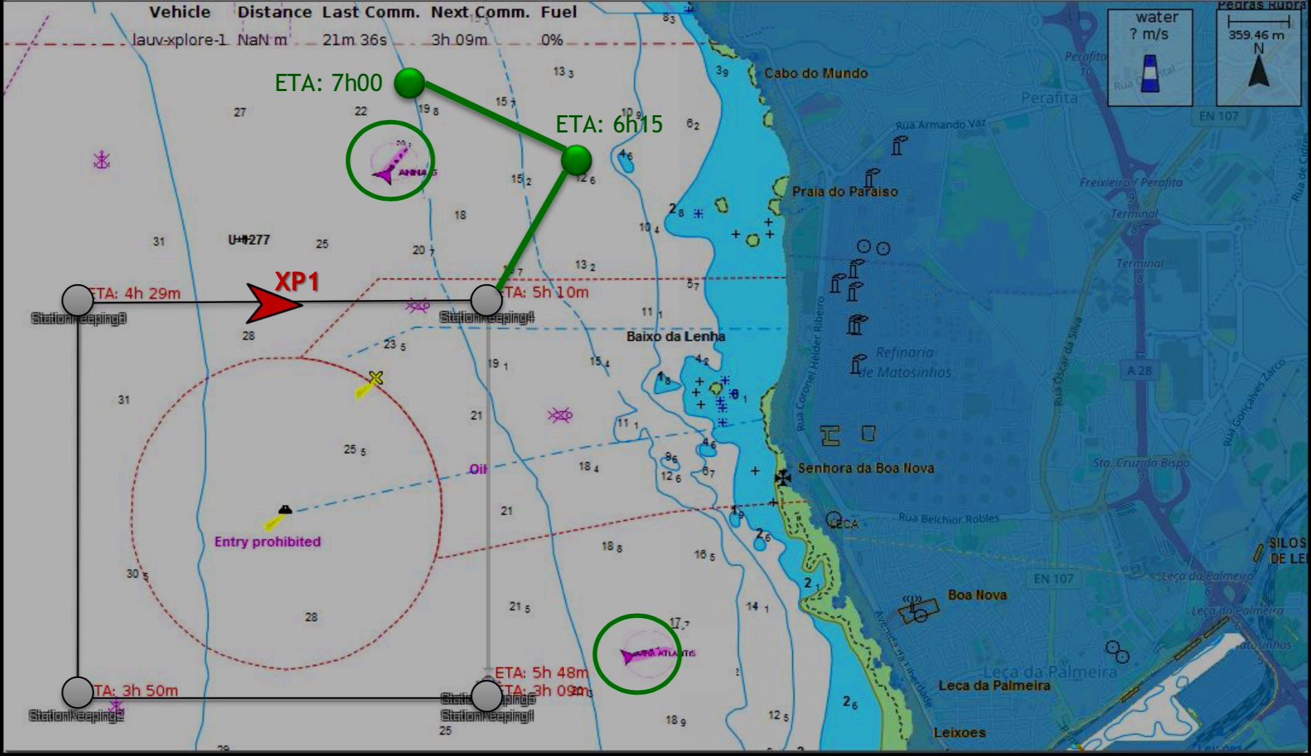  A nautical navigation map showing the tracking of an autonomous underwater vehicle (AUV) named "lauv-xplore-1" off the coast of Matosinhos, Portugal. The map displays a rectangular search pattern, several waypoints with estimated times of arrival (ETAs), and a circular "Entry prohibited" zone marked in red.