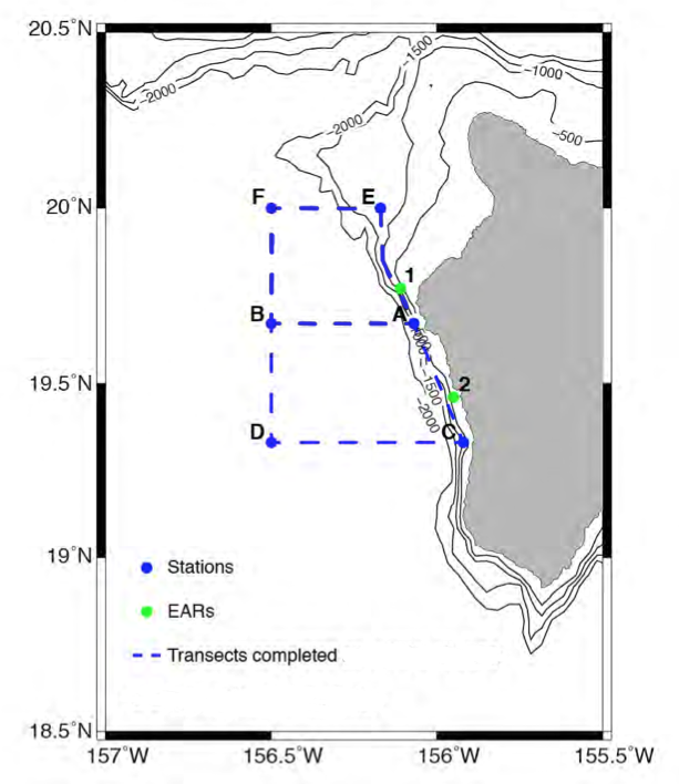 A map of the expedition's planned work area, off the west coast of the Island of Hawaii. 