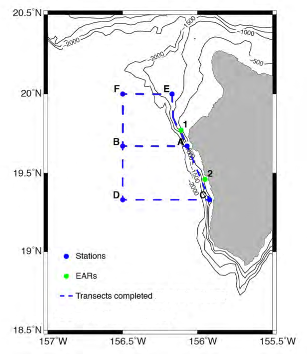 A map of the expedition's planned work area, off the west coast of the Island of Hawaii.