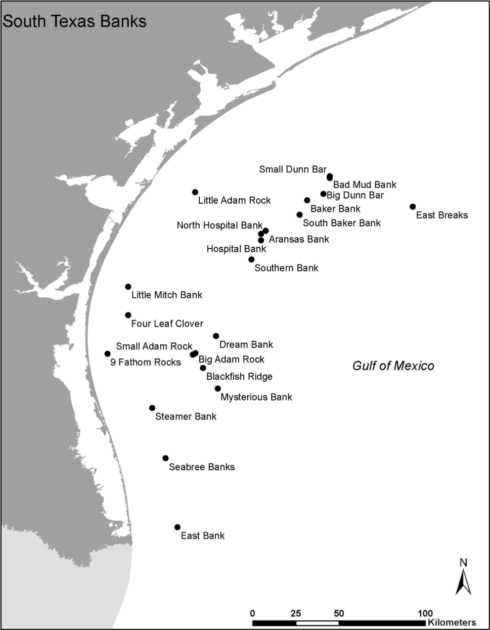 A map showing the shelf-banks off of the southern coast of Texas.