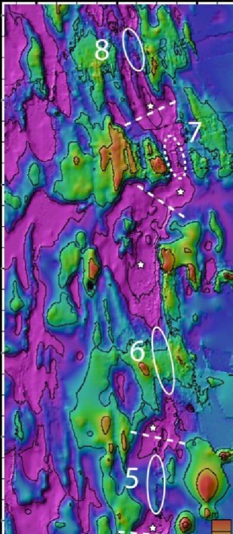 Bathymetry of the Mariana back-arc (500 m contour interval). Solid white lines indicate CTD paths along the southern axial high. White ovals circle bathymetric highs in the Central Mariana back-arc. Pink color indicates depths >~4000 m