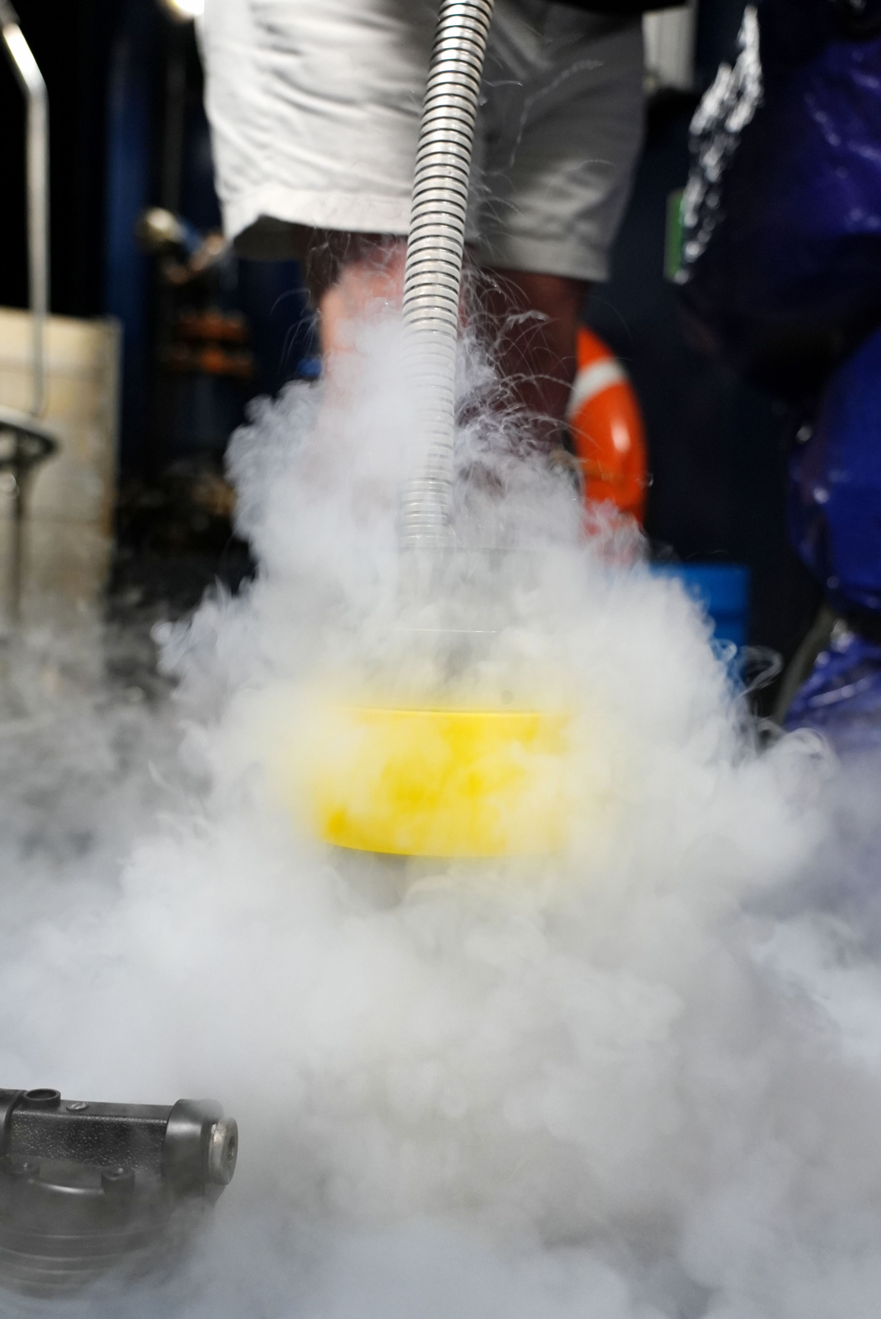 Samples being flash frozen with lots of smoke billowing from a container with LN2.