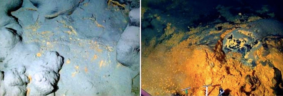 Left: The telltale signs of orange flocculent material at the base of the Loihi Seamount. Right: The ponded bacterial material revealed after the surface layer removed.