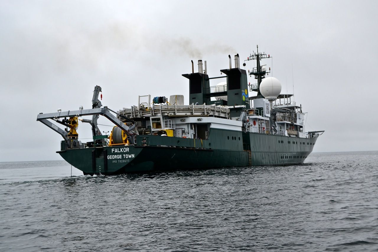 R/V Falkor on a calm, foggy day.