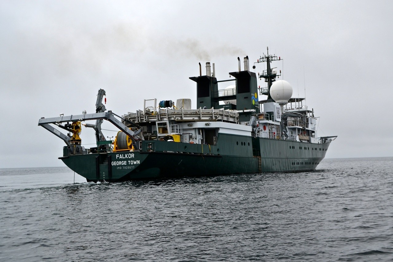 R/V Falkor on a calm, foggy day.