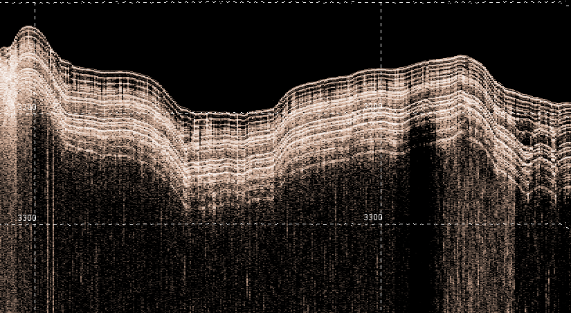 An echogram view of a sub bottom profiler showing several tight distinct layers beneath the seafloor.