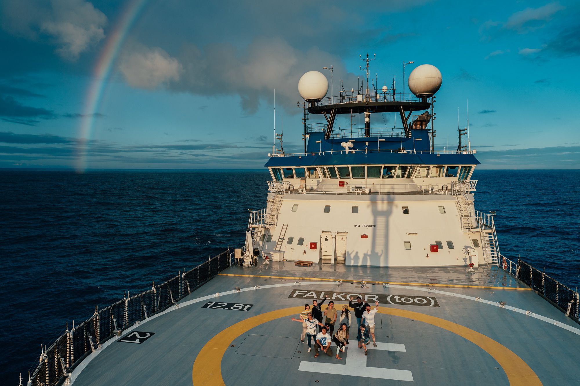 Rainbow over deck of a ship