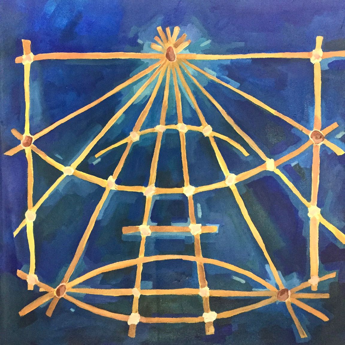 While learning about the multibeam mapping system complete with all its refractions and bending waves, I was reminded of the Mattang - a traditional Marshallese stick chart made to teach how swells refract and intersect around islands.  I developed a hypothetical ‘stick chart’ of multi beam mapping to contrast to the original. Both 20” x 20”, acrylic on canvas.