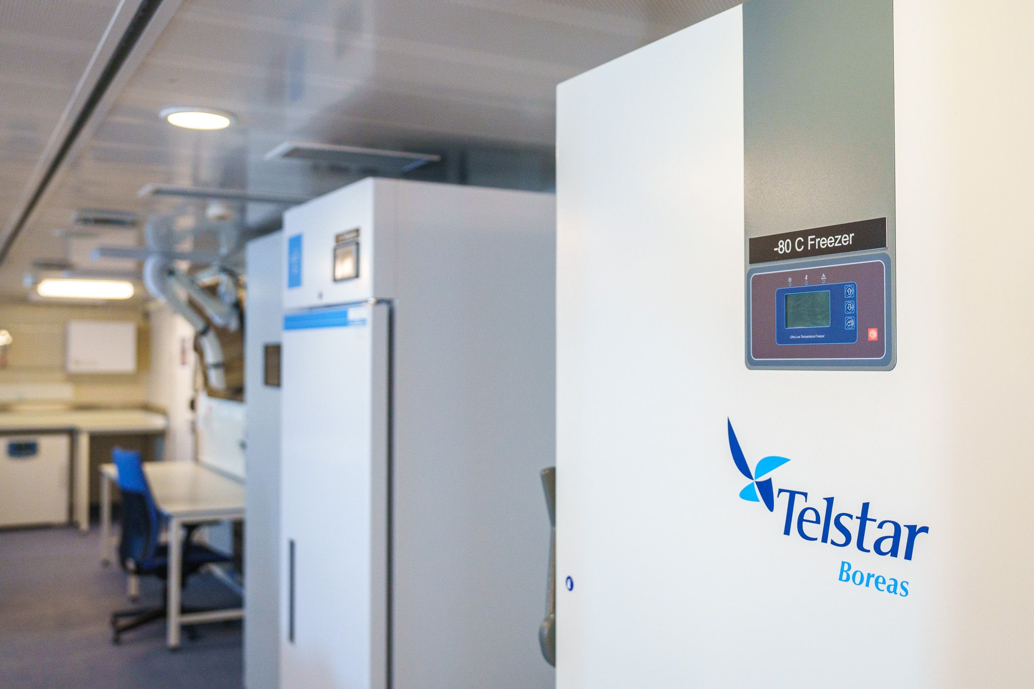 Minus -80 refrigerator with the logo Telstar Boreas in the Main Lab on the Falkor (too)