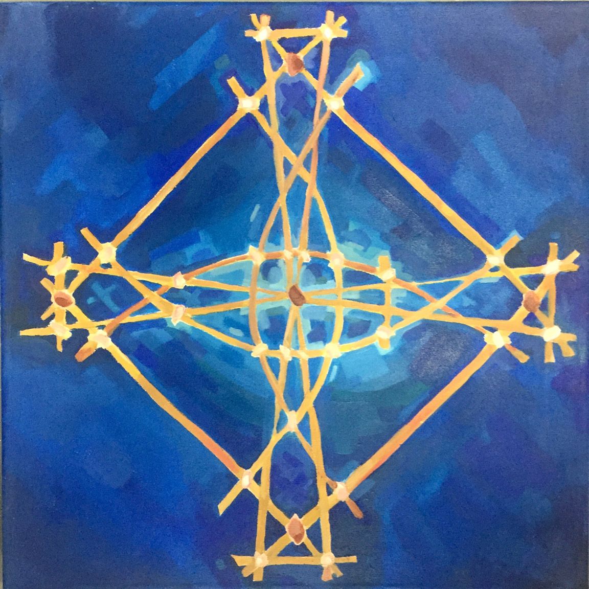 While learning about the multibeam mapping system complete with all its refractions and bending waves, I was reminded of the Mattang - a traditional Marshallese stick chart made to teach how swells refract and intersect around islands.  I developed a hypothetical ‘stick chart’ of multi beam mapping to contrast to the original. Both 20” x 20”, acrylic on canvas.