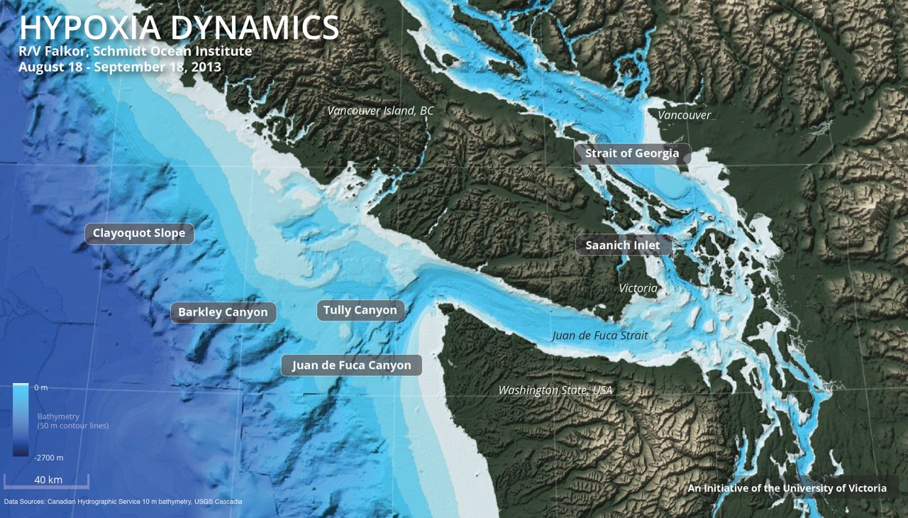 A map of the key research areas for both legs of the Open Ocean to Inner Sea expedition.