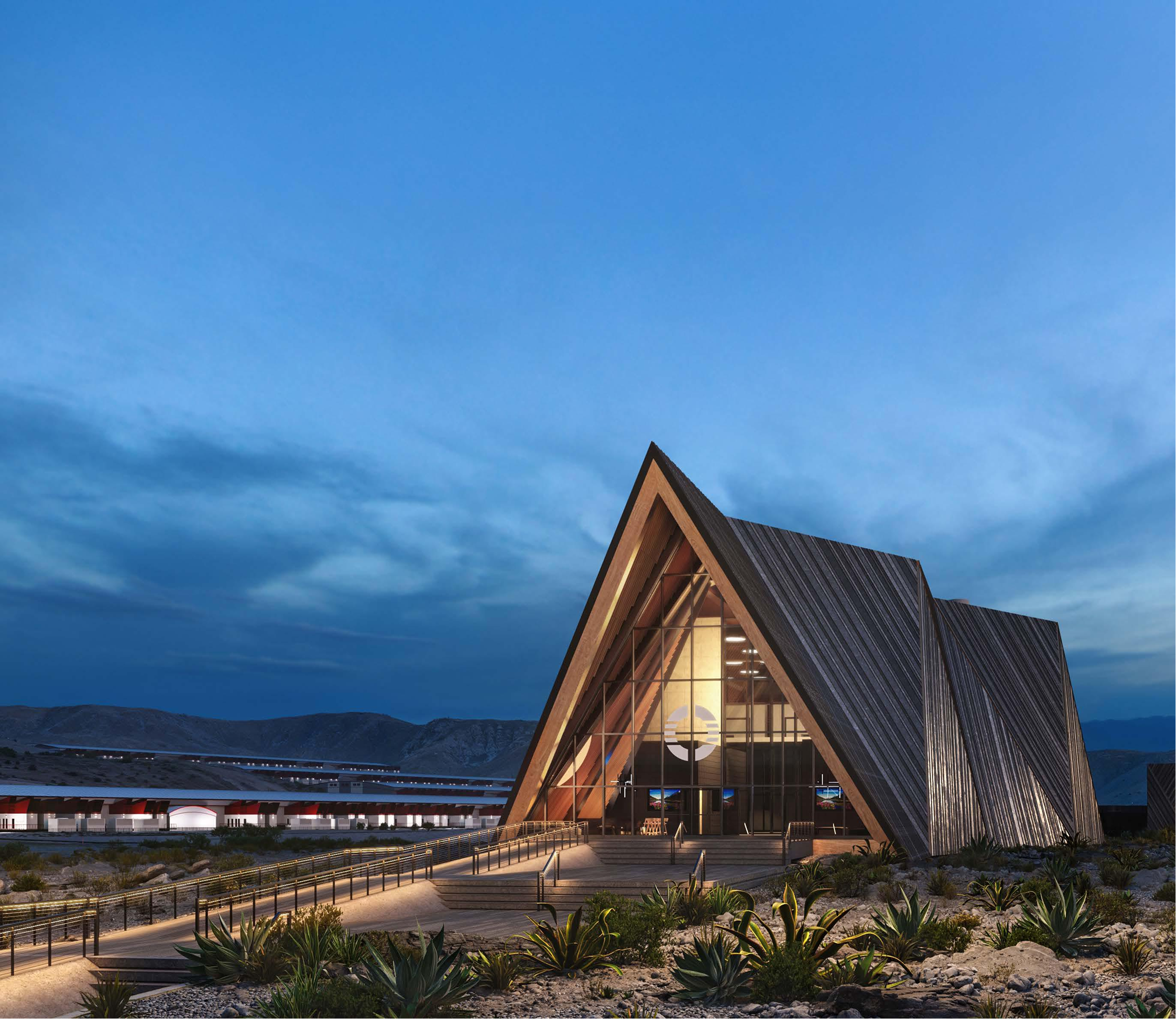 The Oklo Aurora powerhouse building at dusk