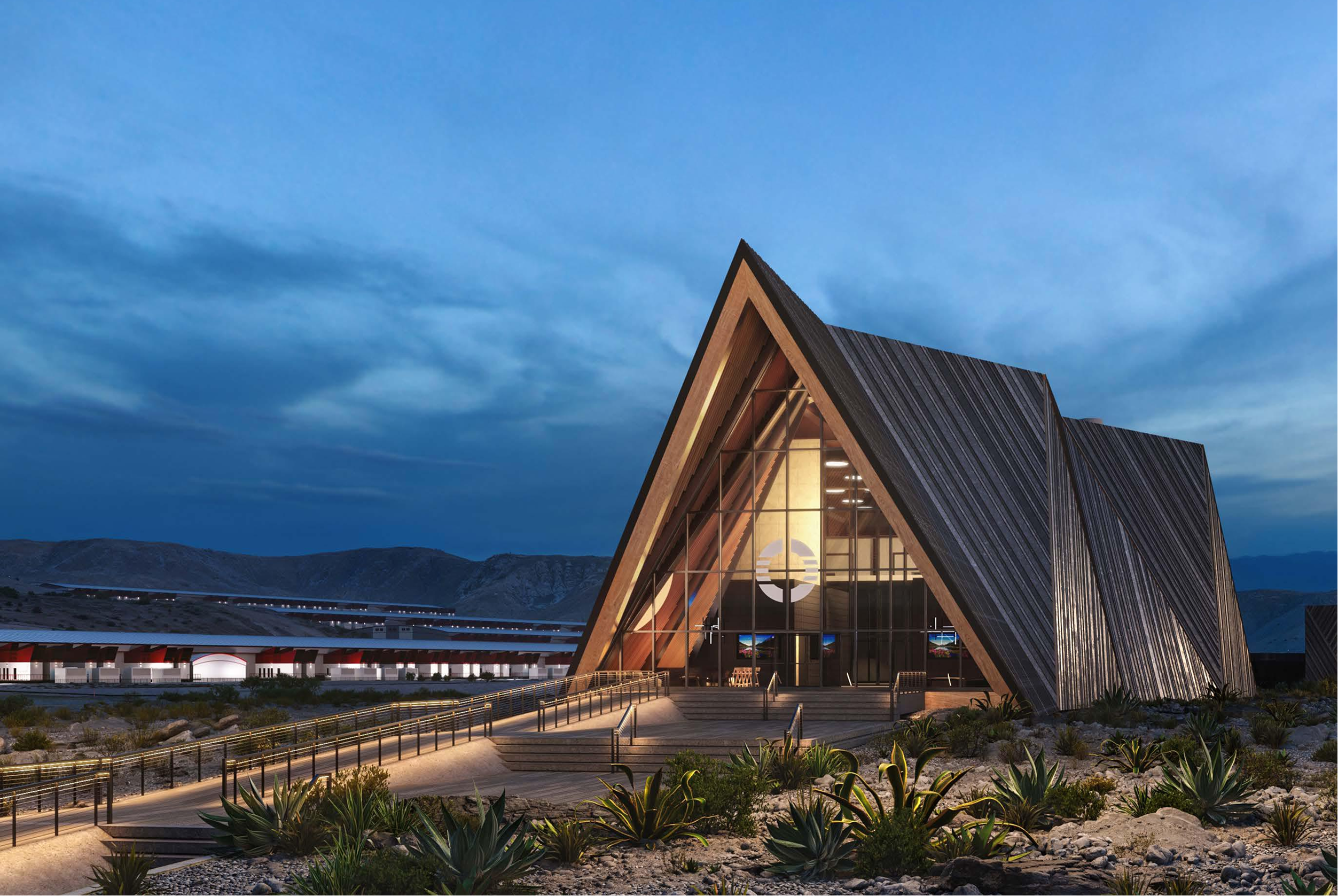 The Oklo Aurora powerhouse building at dusk
