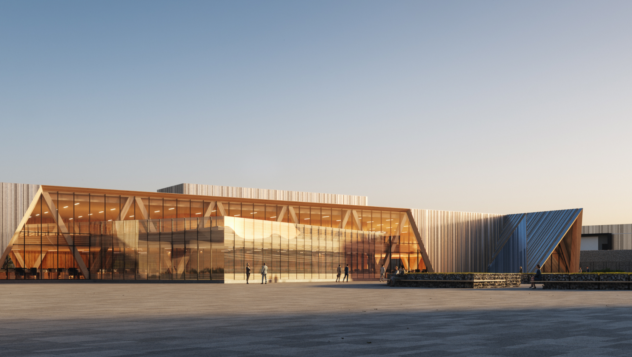 Oklo fuel recycling facility concept at sunset